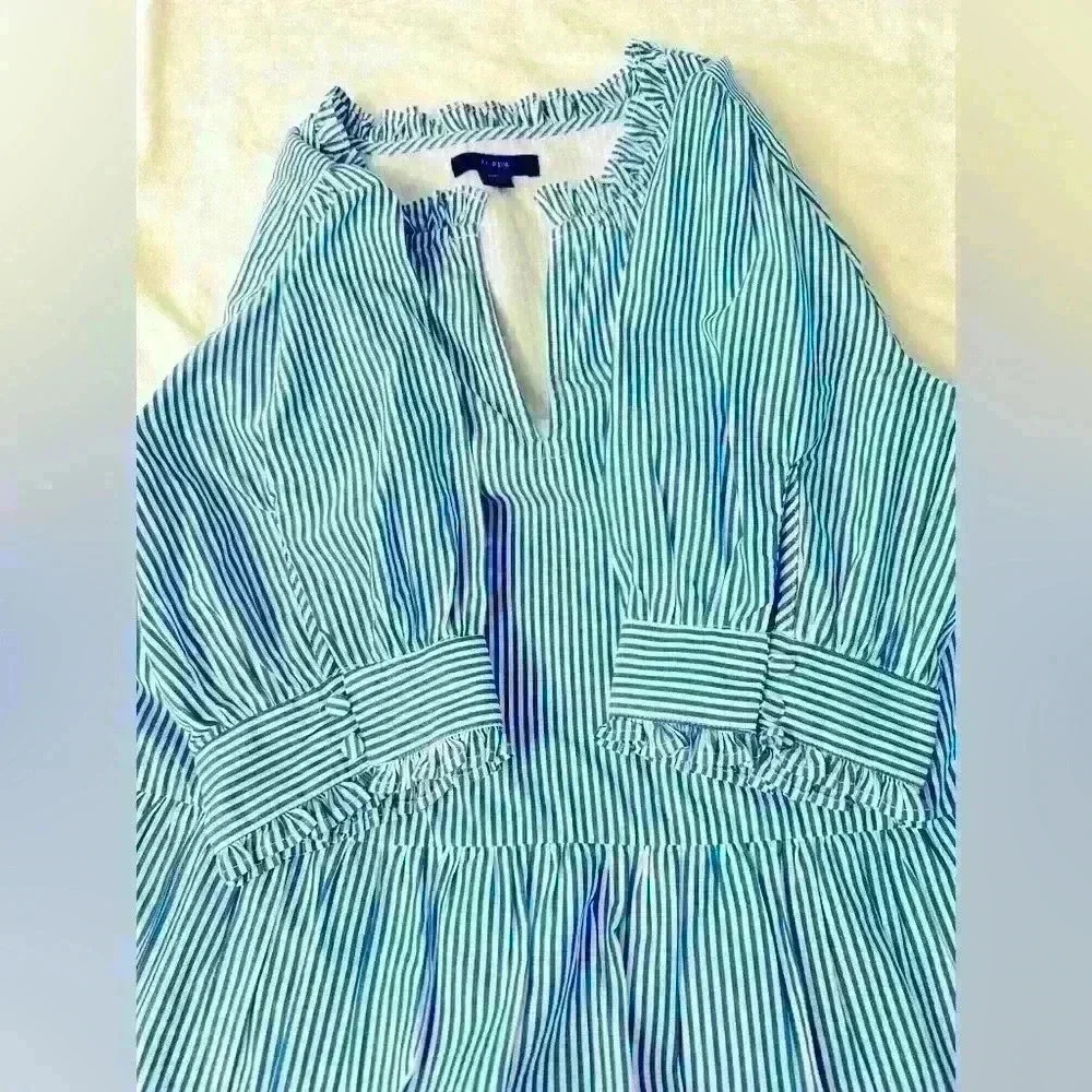 J. Crew Stripe Ruffleneck Tiered Popover Dress Size Medium Petite